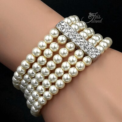 #ad Women Gorgeous Cream White Glass pearl Multi Strand Stretch Bracelet Crystal 168 $12.99