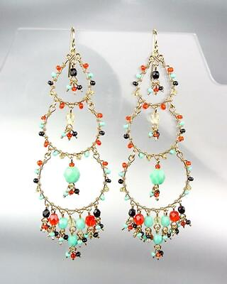 EXQUISITE Turquoise Orange Multicolor Crystals Beads Gold Chandelier Earrings CE $29.59
