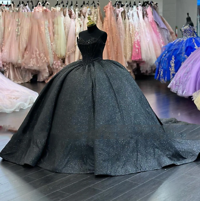 #ad Gothic Black Quinceanera Dresses Sweet 16 Shiny Beaded Glitter Pageant Ball Gown $147.25