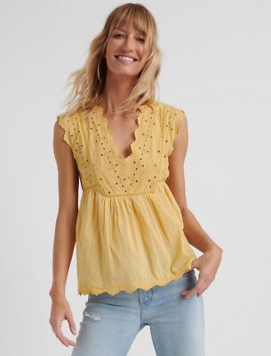 #ad Lucky Brand Yellow Eyelet Boho Flowy Tank Top Size Small $17.49