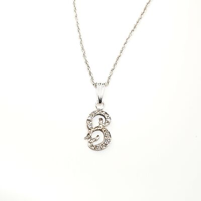 #ad 14K Solid White Gold Letter B Initial Diamond Pendant Necklace Seven Diamonds $245.00