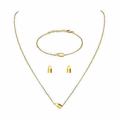 #ad Stainless Steel Lock Pendant Necklace Earring Stud Bracelet Jewelry Set Women $16.99