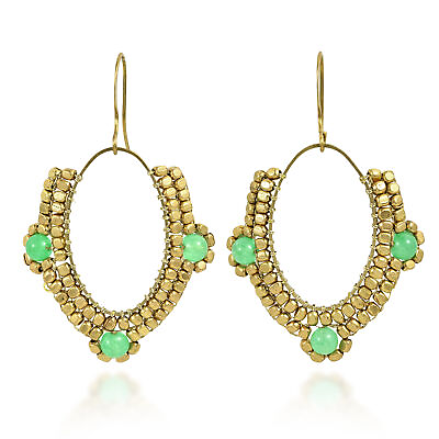 Oval Chandelier Beads and Green Quartz Brass Dangle Earrings $12.74