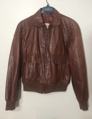 #ad Saxony Vintage 70s Bomber Zip Jacket Copper Leather Mens Size 44 $109.00