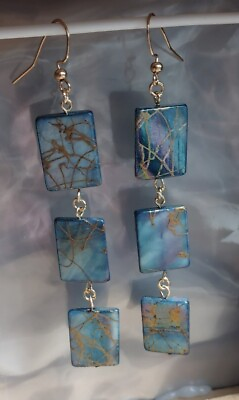 #ad New Handmade Blue Mother of Pearl w Gold Swirl Rectangle Earrings Unique Dangle $10.50