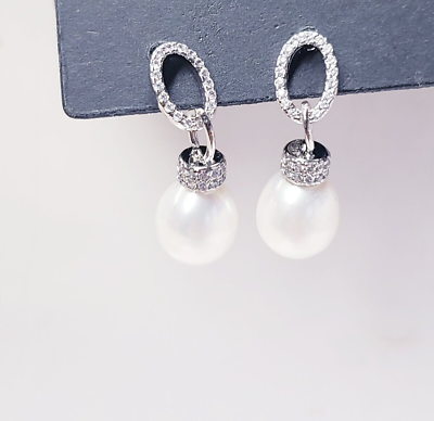 #ad 925 DANGLE PEARL WITH WHITE STONE EARRINGS $9.95
