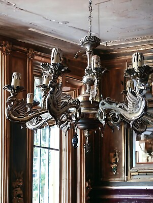 #ad Vintage French brass gothic castle dragon chandelier with 12 arms FFantiques $1100.00
