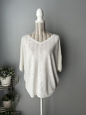 #ad Chicos WHITE COTTON Light Knit Sweater Size 1 Medium Lagenlook Dolman Sleeve $16.99
