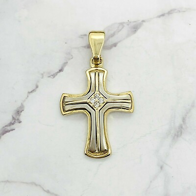 #ad 9ct Yellow and White Gold Cross Pendant with Cubic Zirconias 5.07g Preloved AU $349.00