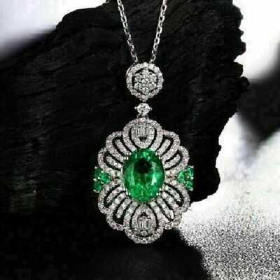 #ad 3Ct Oval Cut Green Emerald Gorgeous Pendant 14K White Gold Finish 18quot; Free Chain $71.40