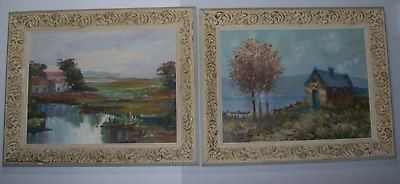 #ad Pair of Antique Original Impressionist Landscape Cottage Oil Paintings SIGNED $250.00