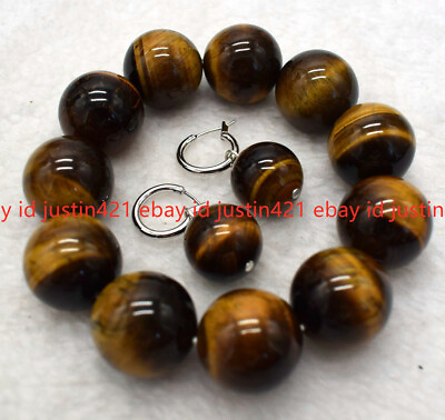 #ad 20mm Natural Yellow Tiger#x27;s Eye Gemstone Round Beads Elastic Bracelet Earrings $12.59