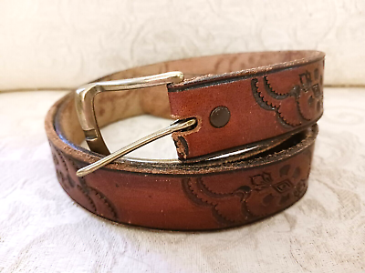 #ad Vtg Hand Tooled Brown Leather Belt Size 40 Full Grain Cowhide USA No Loop Worn $26.00