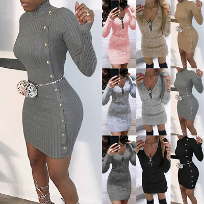 #ad Womens Knitted Zip V Neck Jumper Dress Bodycon Ladies Long Sleeve Mini Dresses $26.19