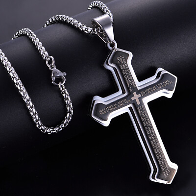 #ad Mens Layered Cross Necklace Stainless Steel Lord#x27;s Prayer Large Pendant Chain $10.99