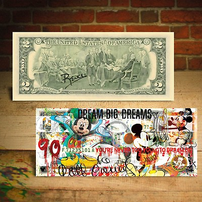 #ad MICKEY MOUSE 90th Birthday Genuine $2 U.S. Bill Pop Art HAND SIGNED by Rency $26.00