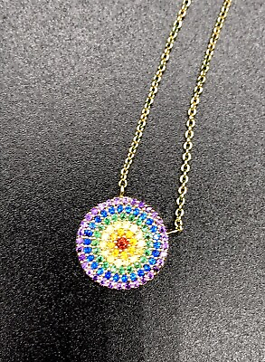 #ad Small Round Multi Colored Jeweled Goldstone Pendant Necklace $14.95