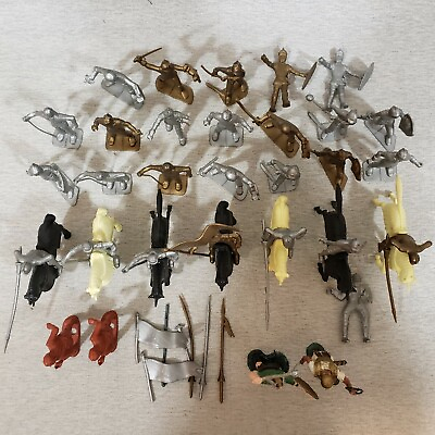 #ad Vintage Plastic 31 Medieval Toy Soldiers 7 Horses Plus Tools Gold Silver Soldier $17.97
