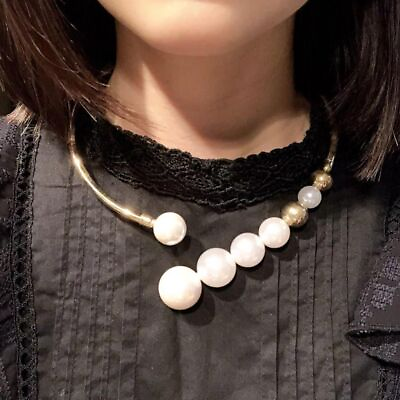 #ad Simulated Pearl Torque Necklace Women Collar Long Pendant Metal Necklaces $11.02