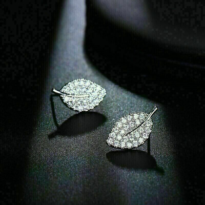 #ad Women Leaf Stud Earrings Lab Created Diamond 14K White Gold Plated 2Ct Round Cut $97.99
