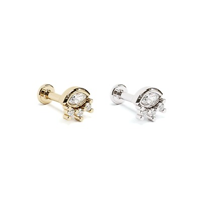 #ad 14K REAL Solid Gold Marquise Round Diamond Stud Helix Cartilage 16G Piercing $169.00
