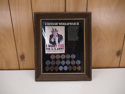 #ad VINTAGE COINS OF WW II HANGING DISPLAY WITH COINS $50.00