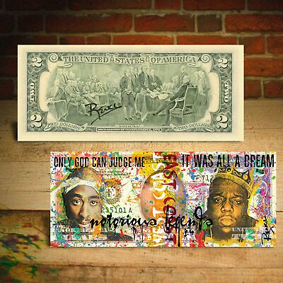 #ad TUPAC SHAKUR amp; BIGGIE SMALLS Genuine $2 US Bill Rap Art HAND SIGNED by Rency $22.00