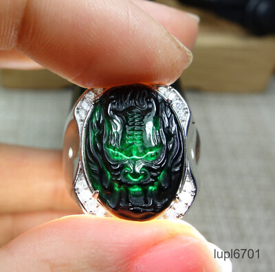 #ad Certified Black Green Burma 100% Natural A Jadeite Jade Dragon Ring 墨翠龙头戒指 $168.80