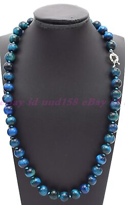 #ad Natural 10mm Lake Blue Tiger#x27;s Eye Gemstone Round Beads Necklace 18 54#x27;#x27; AAA $12.77