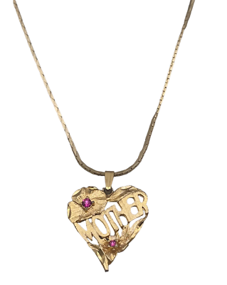#ad Mother Floral Rhinestone Heart Pendant Chain Necklace Gold Tone 18 Inches $38.25