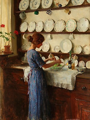 #ad Vintage Woman in the Kitchen 28x21 inches Rolled Canvas Art Print $79.00