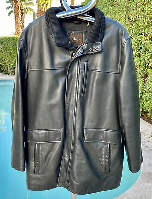 #ad Cole Haan Heavy Black Leather Sz Large Thermal Insulated Fingertip Length Coat $75.00