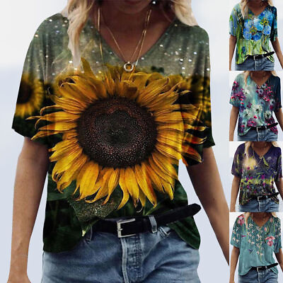 #ad ️Plus Size Womens Boho Short Sleeve Ladies Blouse Print Shirt Casual V Neck Top $15.79