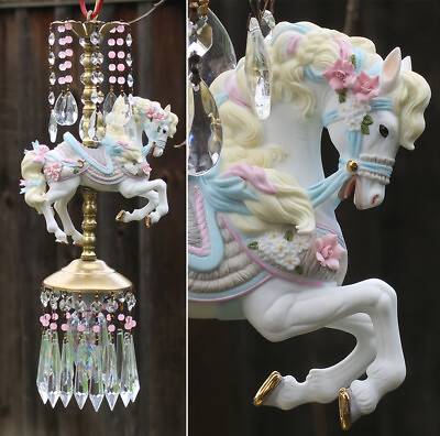#ad Porcelain Pony Horse Carousel Lamp swag Chandelier Vintage Crystal beaded Roses $299.00