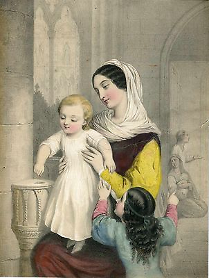 #ad « Mother With Children » Lithograph Coloured Antique $78.19