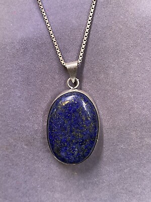 #ad VINTAGE 925 STERLING SILVER LAPIS LAZULI 2” PENDANT ON 16” CHAIN $99.99