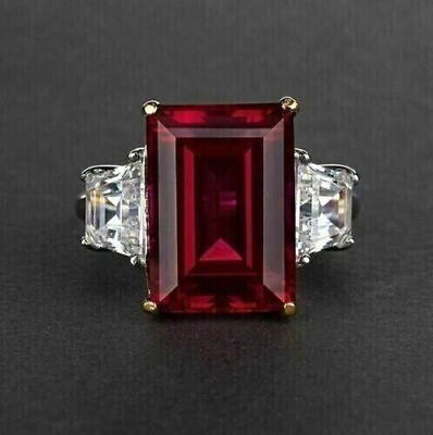 #ad Three Stone Engagement Ring 14k White Gold Plated 3Ct Emerald Cut Simulated Ruby $141.49