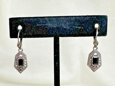 #ad Signed JJ Vintage Leverback Sterling Earrings w Marcasite amp; Black Stone 1 1 4quot; $22.99