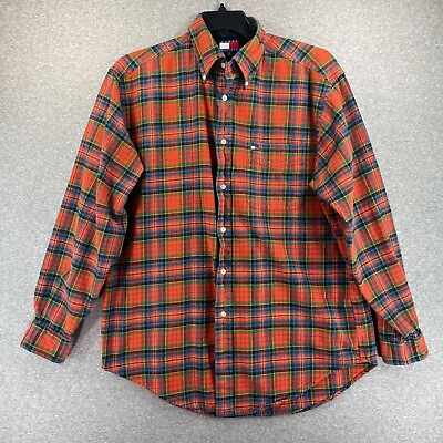 #ad Tommy Hilfiger Mens Shirt Medium Orange Plaid Flannel Long Sleeve Button Up $16.89