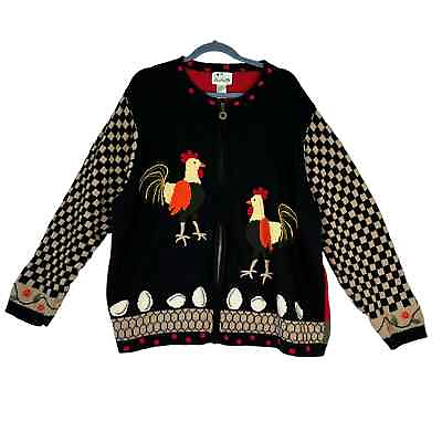 #ad Quacker Factory Chicken Farm Barnyard Animal Zip Up Cardigan Sweater 3X Plus $39.99