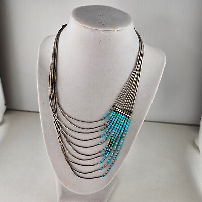 #ad Sterling Liquid Silver 10 Strands Necklace Turquoise Southwest 21.2g 16 in 7922 $184.95