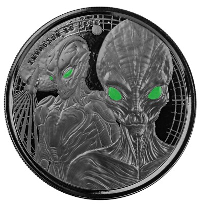 #ad 2023 Ghana Alien Invasion 1 oz Silver Black Rhodium Color Eyes Coin COA amp; Box $94.99