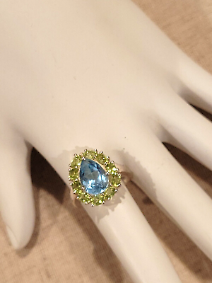 #ad VTG Pear Shape Blue Topaz Peridot Ring 925 Sterling Silver Rhodium Plated Sz 7 $100.02