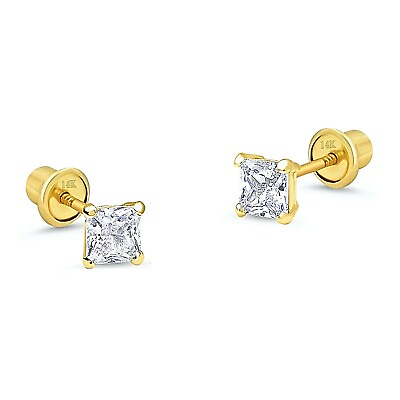 #ad 2.1 mm Princess Genuine Diamond Tiny Stud Screw back Earrings in 14k Yellow gold $64.60