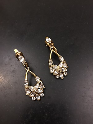 #ad Trifari Crown Marquis Rhinestones Drop Dangle Clip On Earrings Golden Vintage 2” $69.18