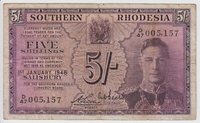 #ad Southern Rhodesia 5 Shillings 1948 VF P8b King George 1st January Low Serial $297.00