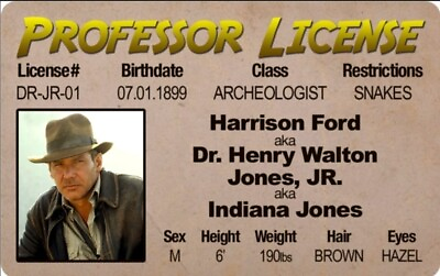 #ad Indiana Jones Novelty ID Made On Metal Aluminum Very Durable $6.50