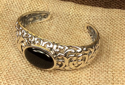 #ad 925 Sterling Silver Onyx Gemstone Carved Out Cuff Bracelet Fine Jewelry $69.58