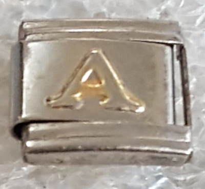 #ad ITALIAN CHARM LINK 9MM GOLD TONE LETTER A SILVER TONE STAMPED FASHION VTG C $2.95