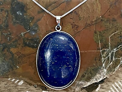 #ad New Beautiful Lapis Lazuli Oval Pendant On 925 Silver Chain Necklace $12.50